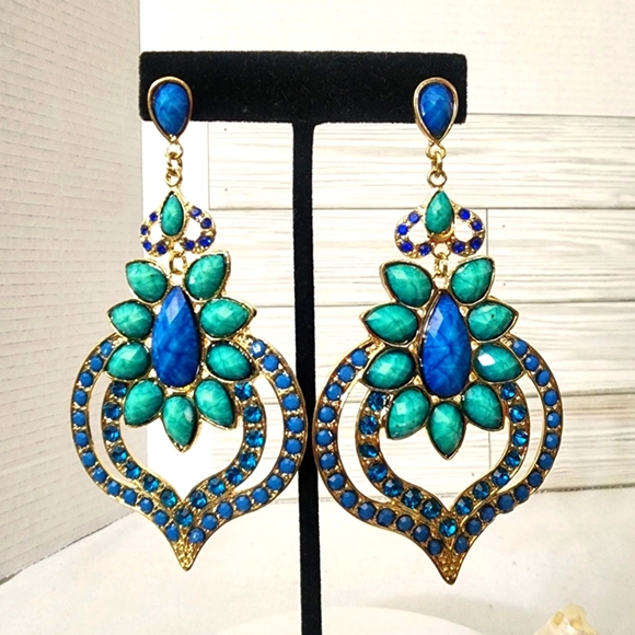 Large Glam Statement Blue Green Earrings - Picture 5 of 9